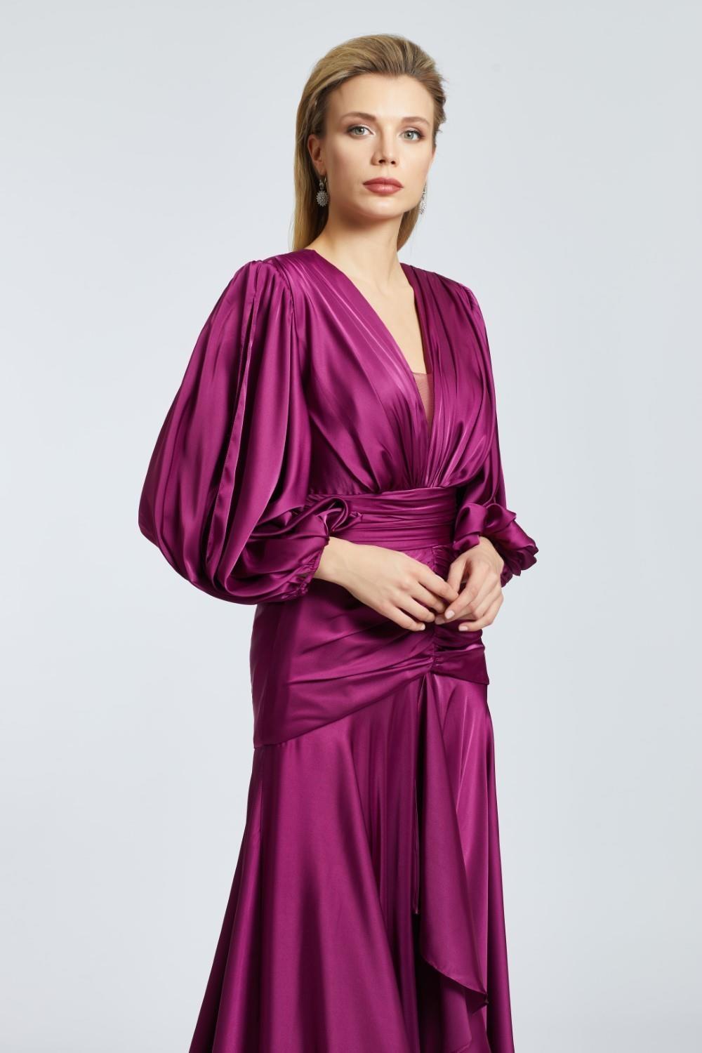 V-Neck Long Balloon Sleeve Draped Long Evening Dress