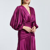 V-Neck Long Balloon Sleeve Draped Long Evening Dress - 2032