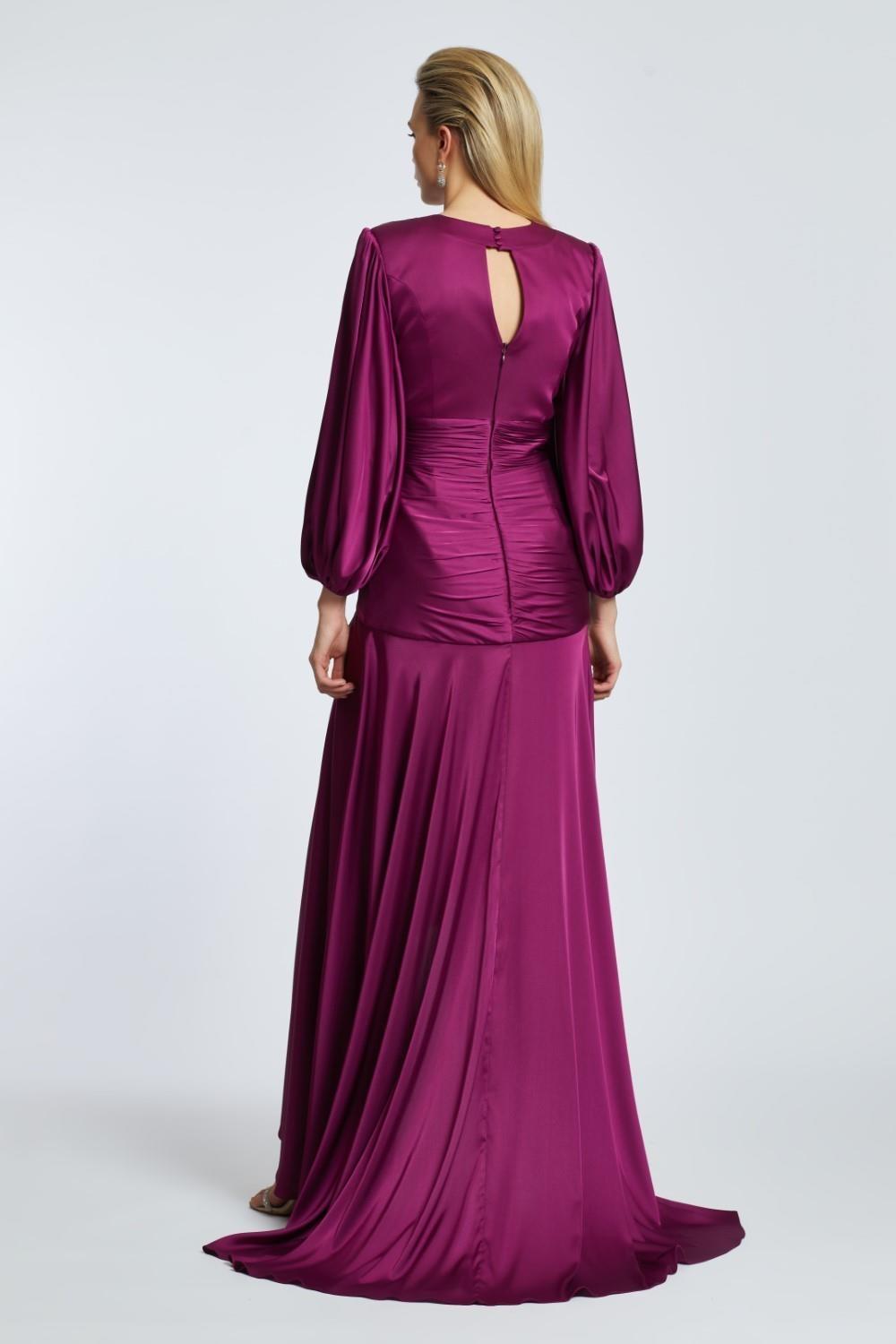 V-Neck Long Balloon Sleeve Draped Long Evening Dress