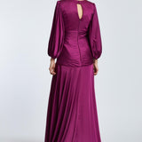 V-Neck Long Balloon Sleeve Draped Long Evening Dress - 2032