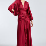 V-Neck Long Balloon Sleeve Draped Long Evening Dress - 2032