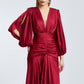 V-Neck Long Balloon Sleeve Draped Long Evening Dress