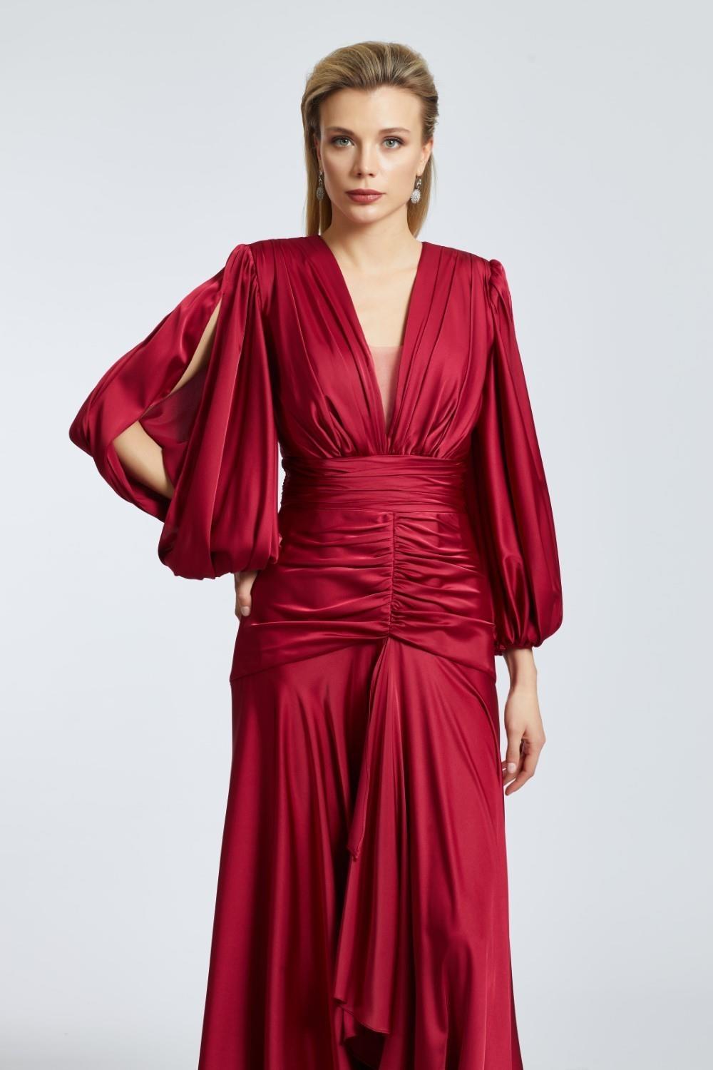 V-Neck Long Balloon Sleeve Draped Long Evening Dress