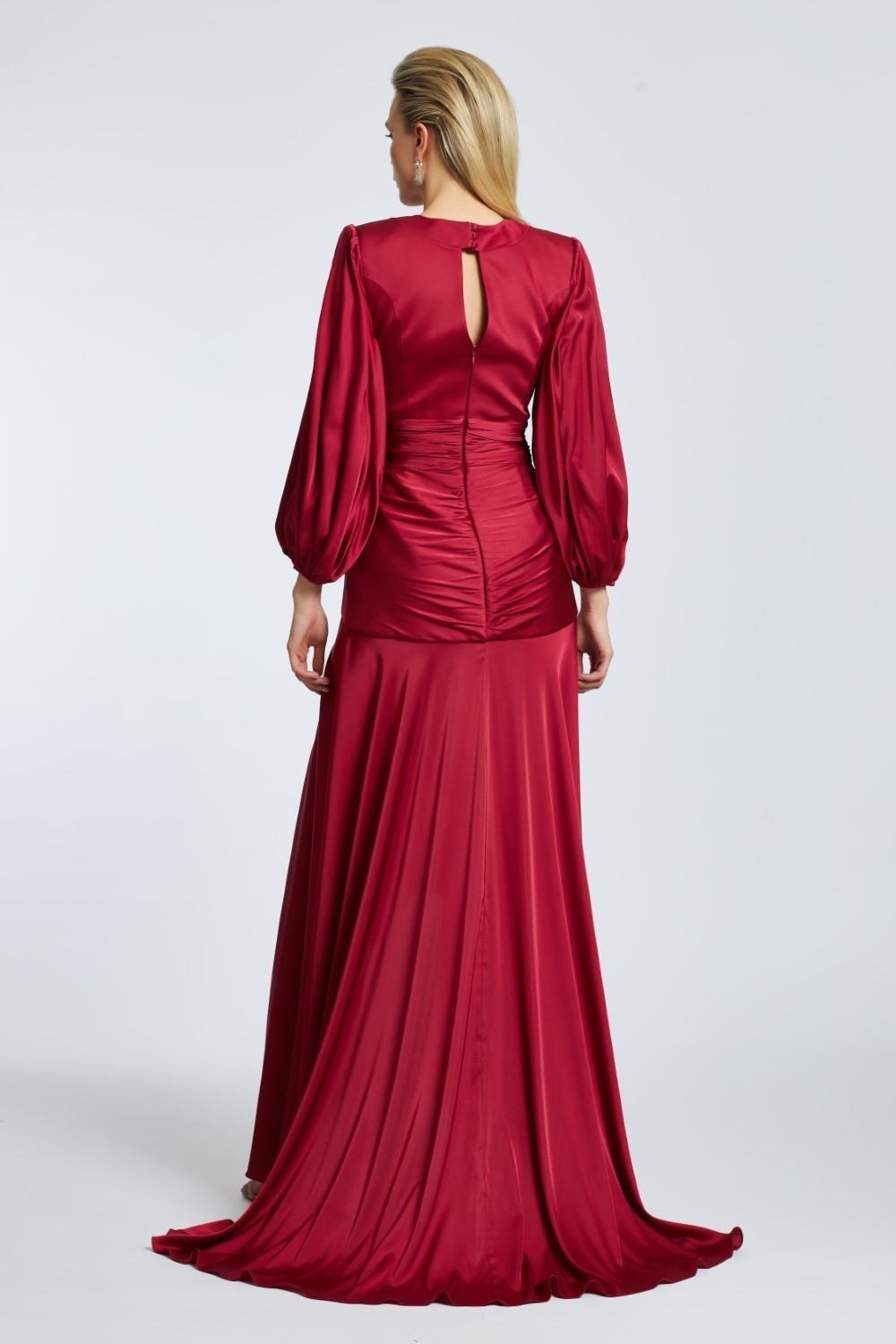 V-Neck Long Balloon Sleeve Draped Long Evening Dress