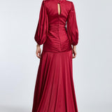 V-Neck Long Balloon Sleeve Draped Long Evening Dress - 2032