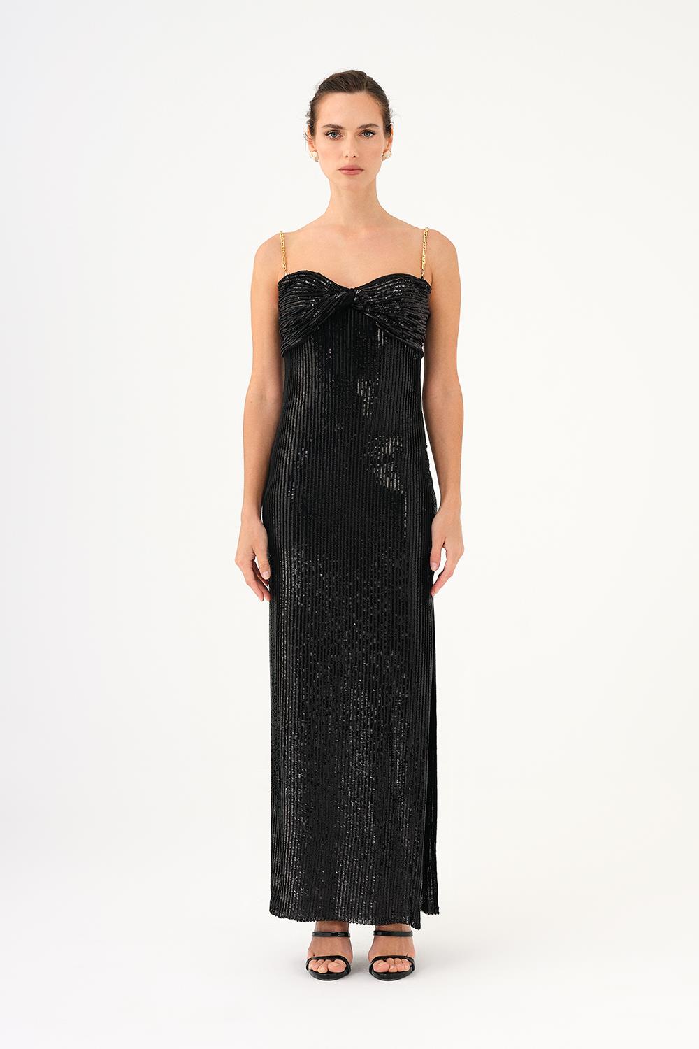 Long Evening Dress with Chain Straps Strapless Collar Slits