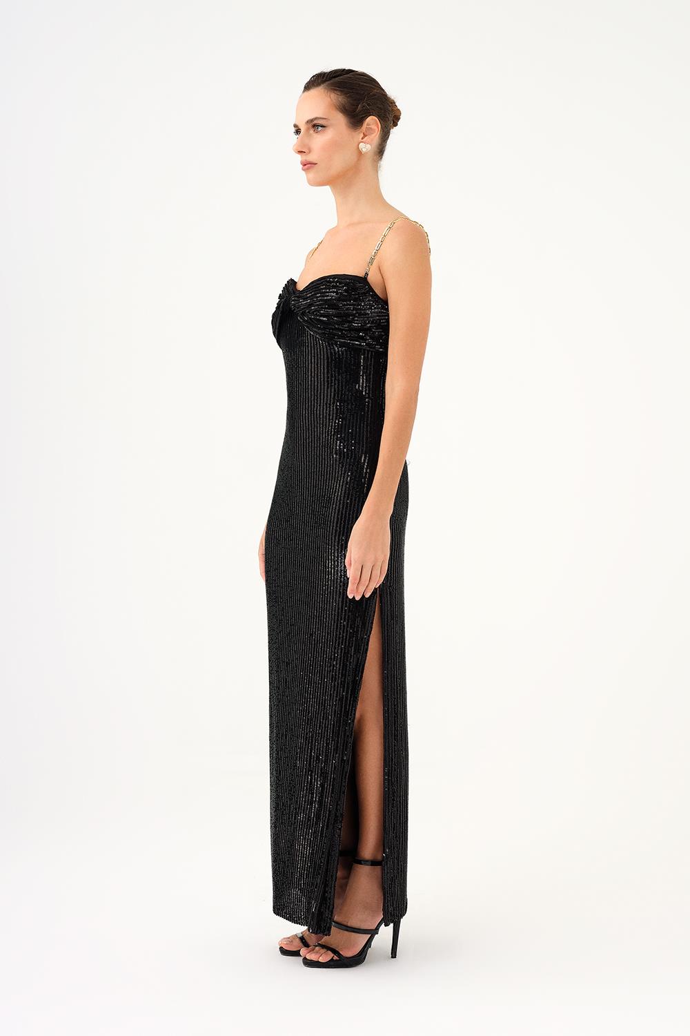 Long Evening Dress with Chain Straps Strapless Collar Slits