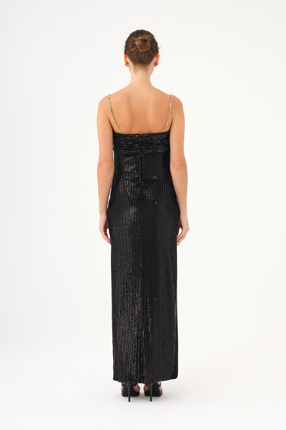 Long Evening Dress with Chain Straps Strapless Collar Slits