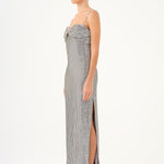 Long Evening Dress with Chain Straps Strapless Collar Slits