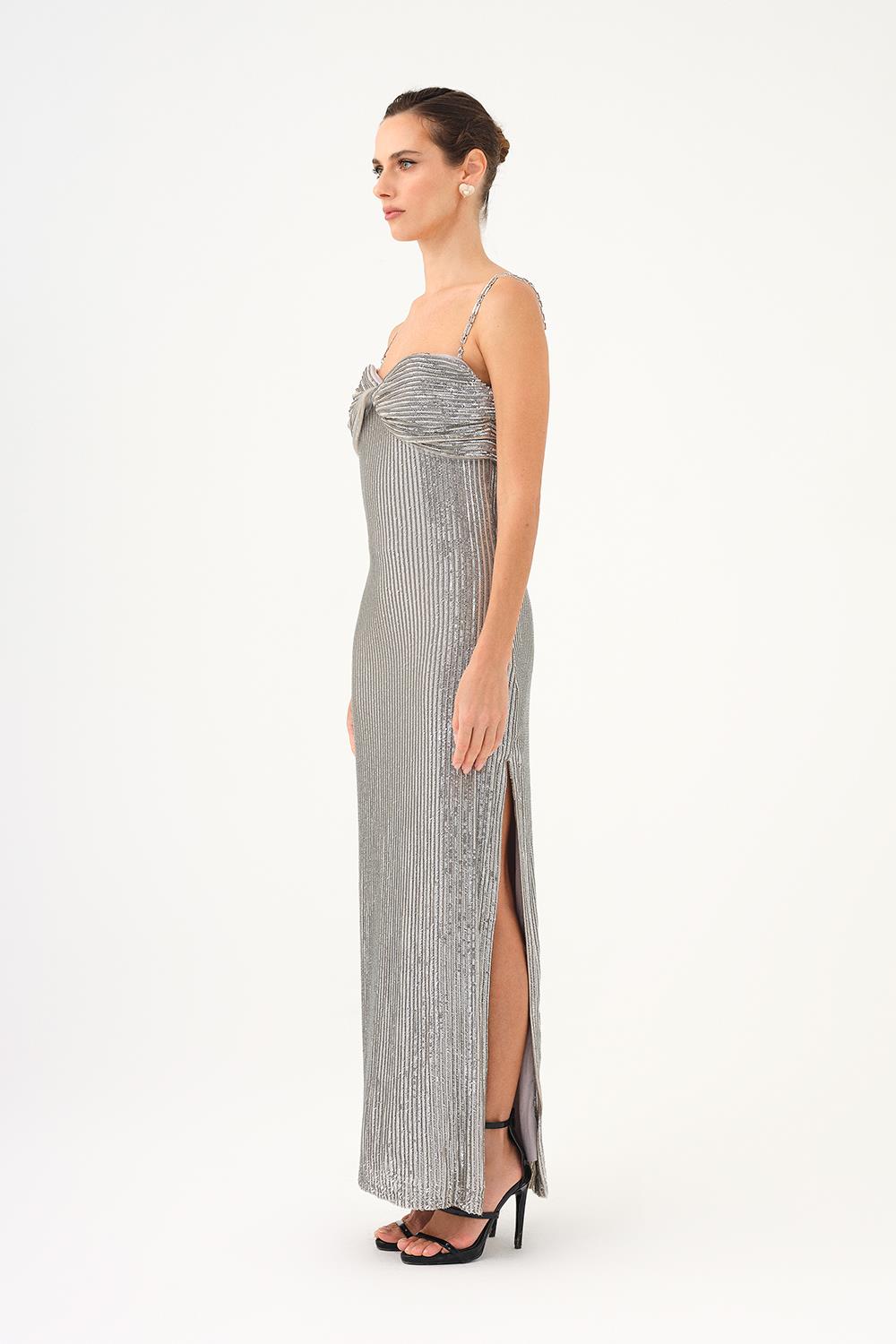 Long Evening Dress with Chain Straps Strapless Collar Slits