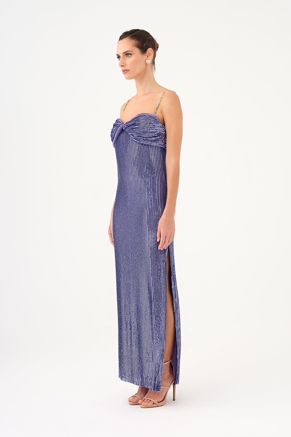 Long Evening Dress with Chain Straps Strapless Collar Slits