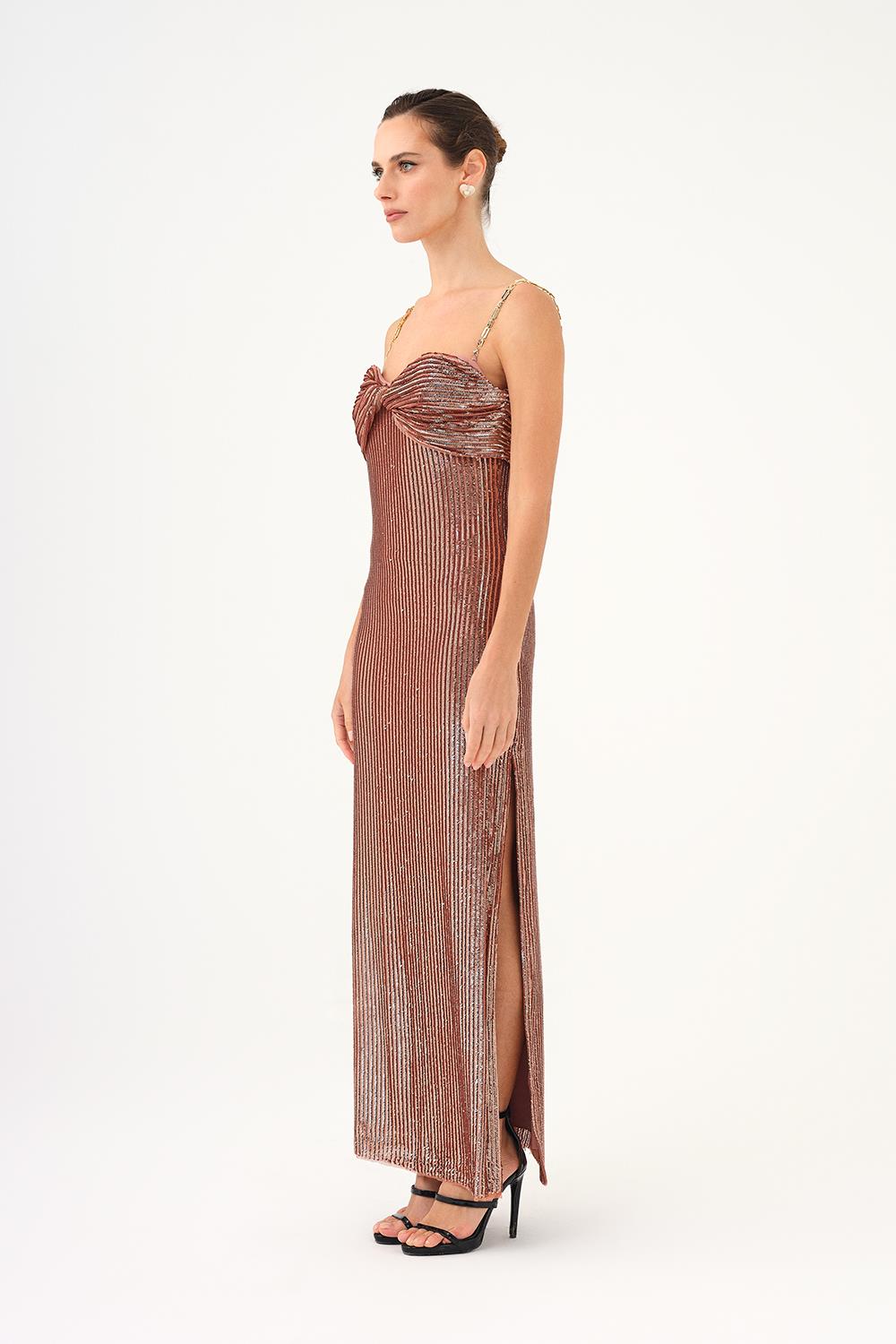 Long Evening Dress with Chain Straps Strapless Collar Slits