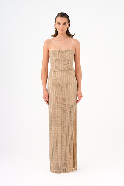 Long Evening Dress with Slits and Stone Embroidery