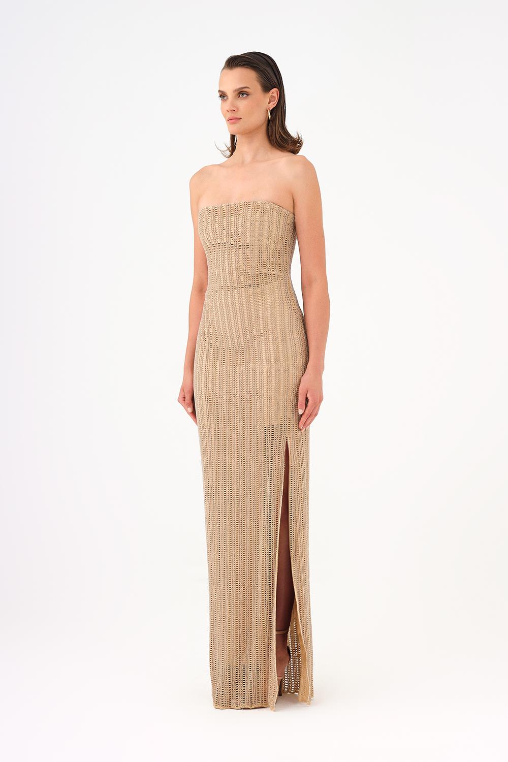 Long Evening Dress with Slits and Stone Embroidery