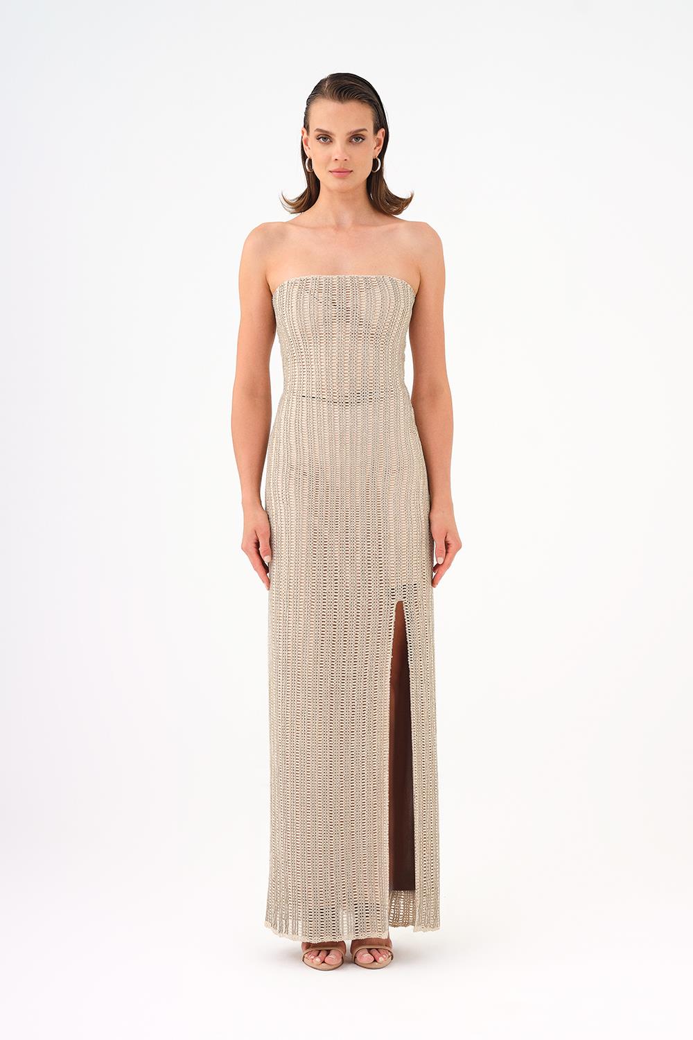 Long Evening Dress with Slits and Stone Embroidery - 9109C