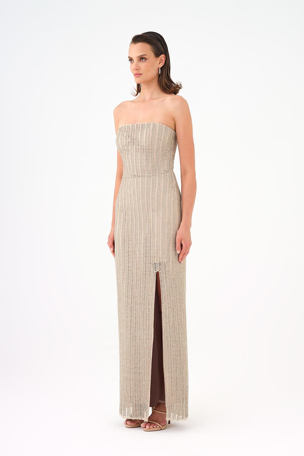 Long Evening Dress with Slits and Stone Embroidery - 9109C