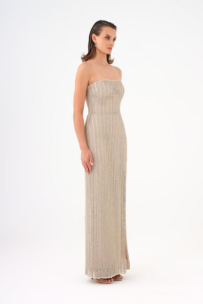 Long Evening Dress with Slits and Stone Embroidery - 9109C