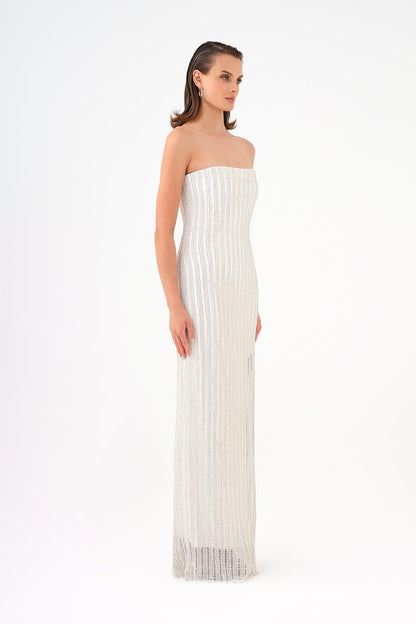 Long Evening Dress with Slits and Stone Embroidery - 9109C