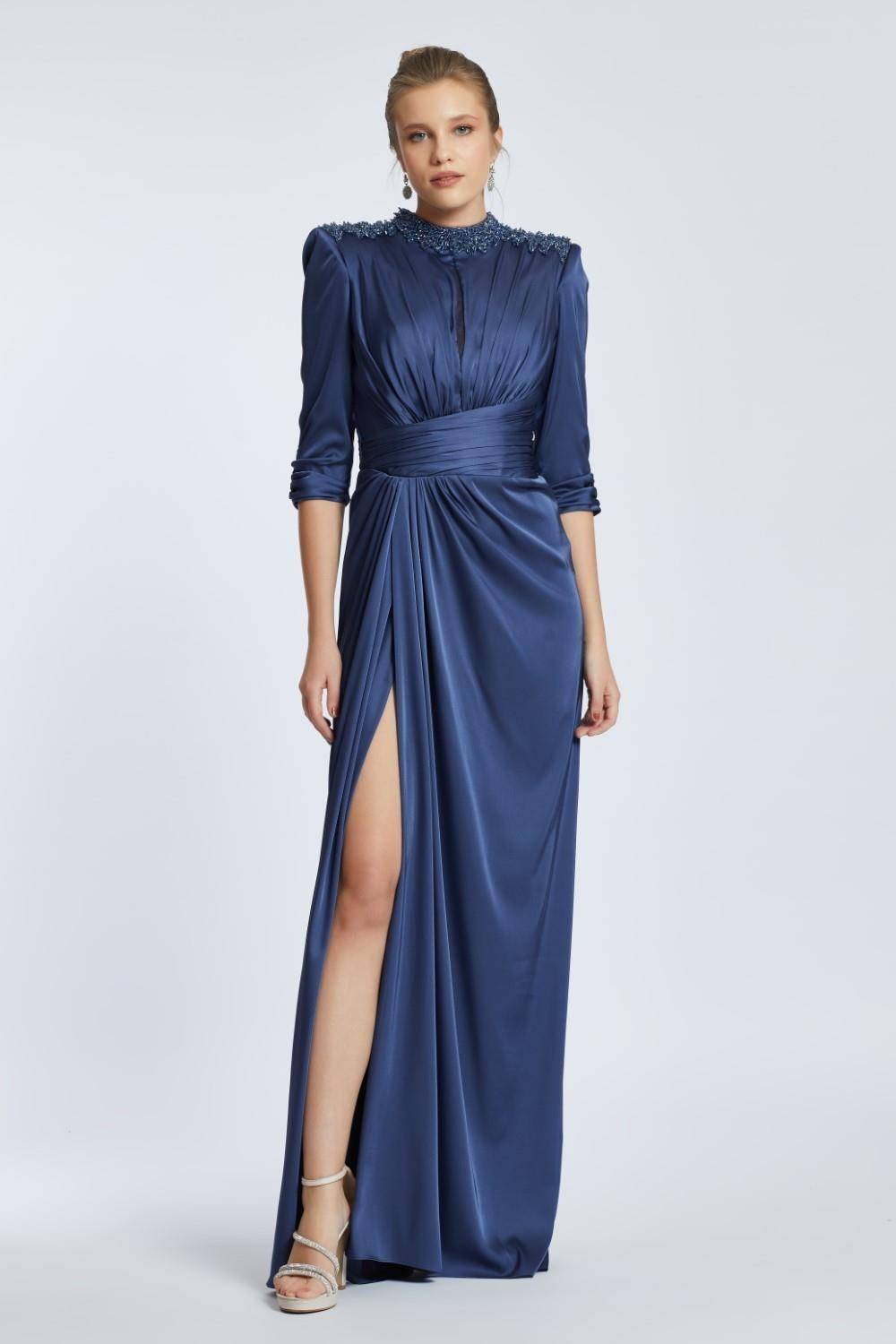 Straight Shoulder Slit Long Evening Dress