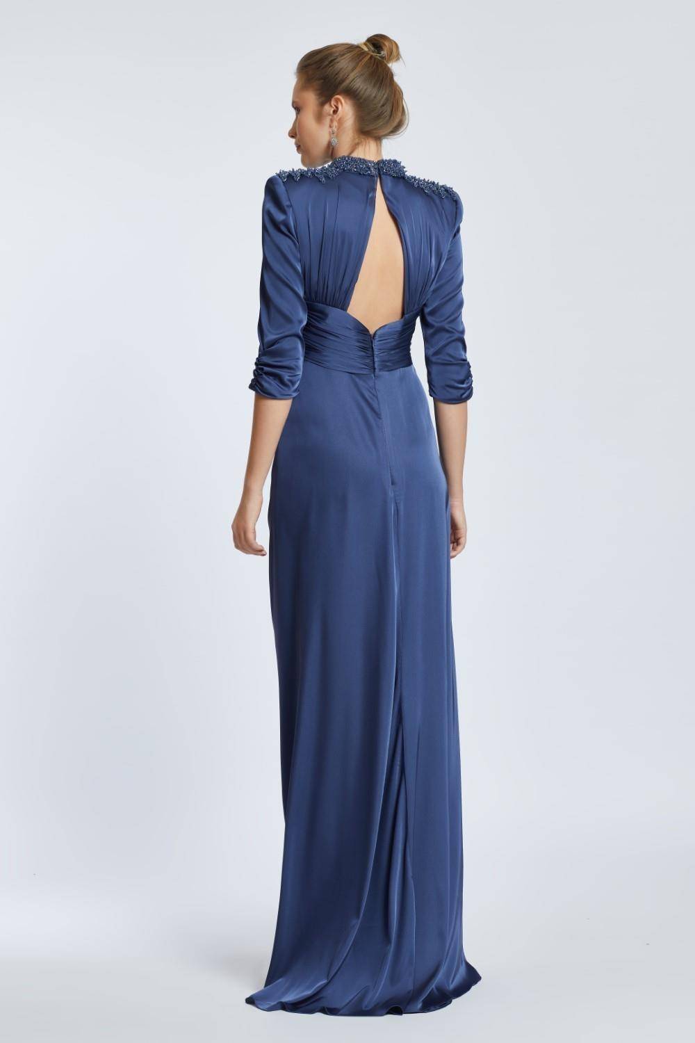 Straight Shoulder Slit Long Evening Dress