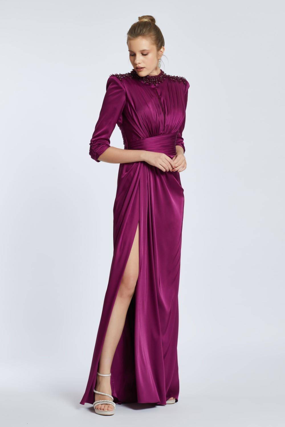 Straight Shoulder Slit Long Evening Dress