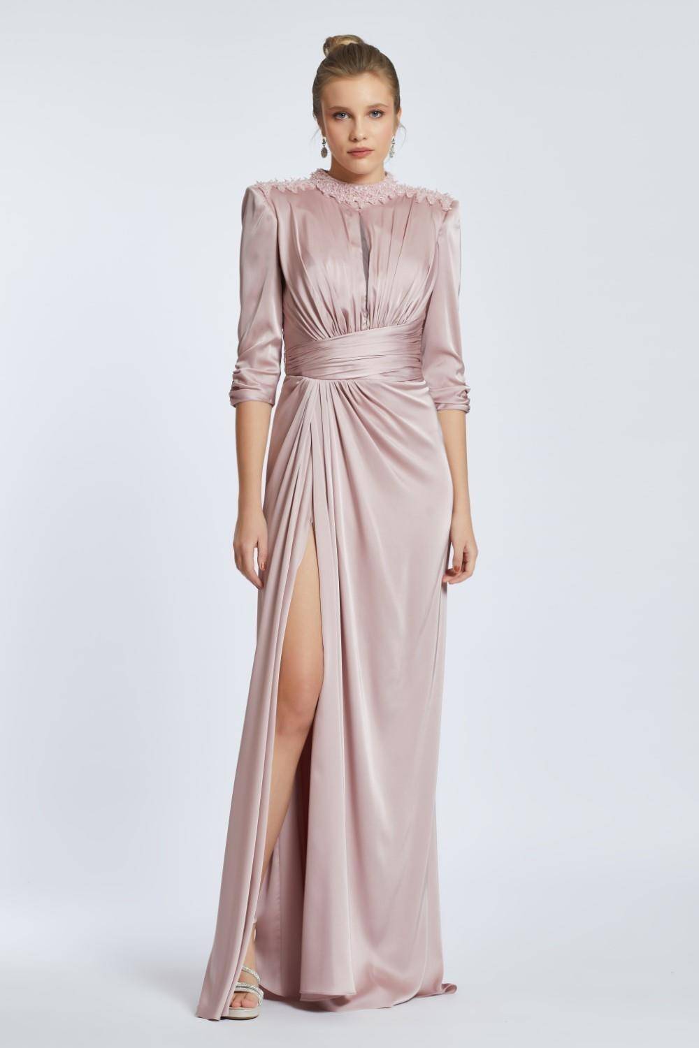 Straight Shoulder Slit Long Evening Dress