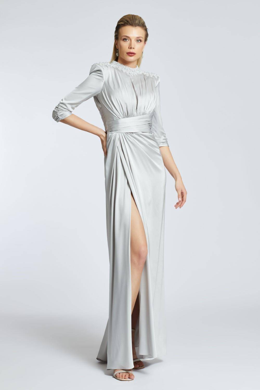 Straight Shoulder Slit Long Evening Dress