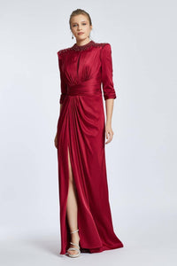 Straight Shoulder Slit Long Evening Dress