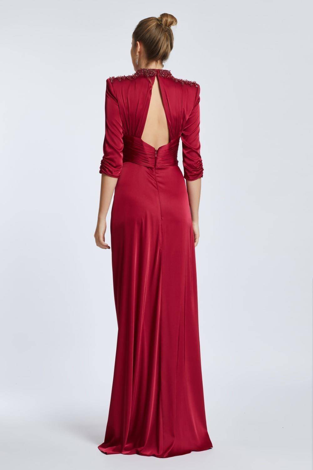 Straight Shoulder Slit Long Evening Dress