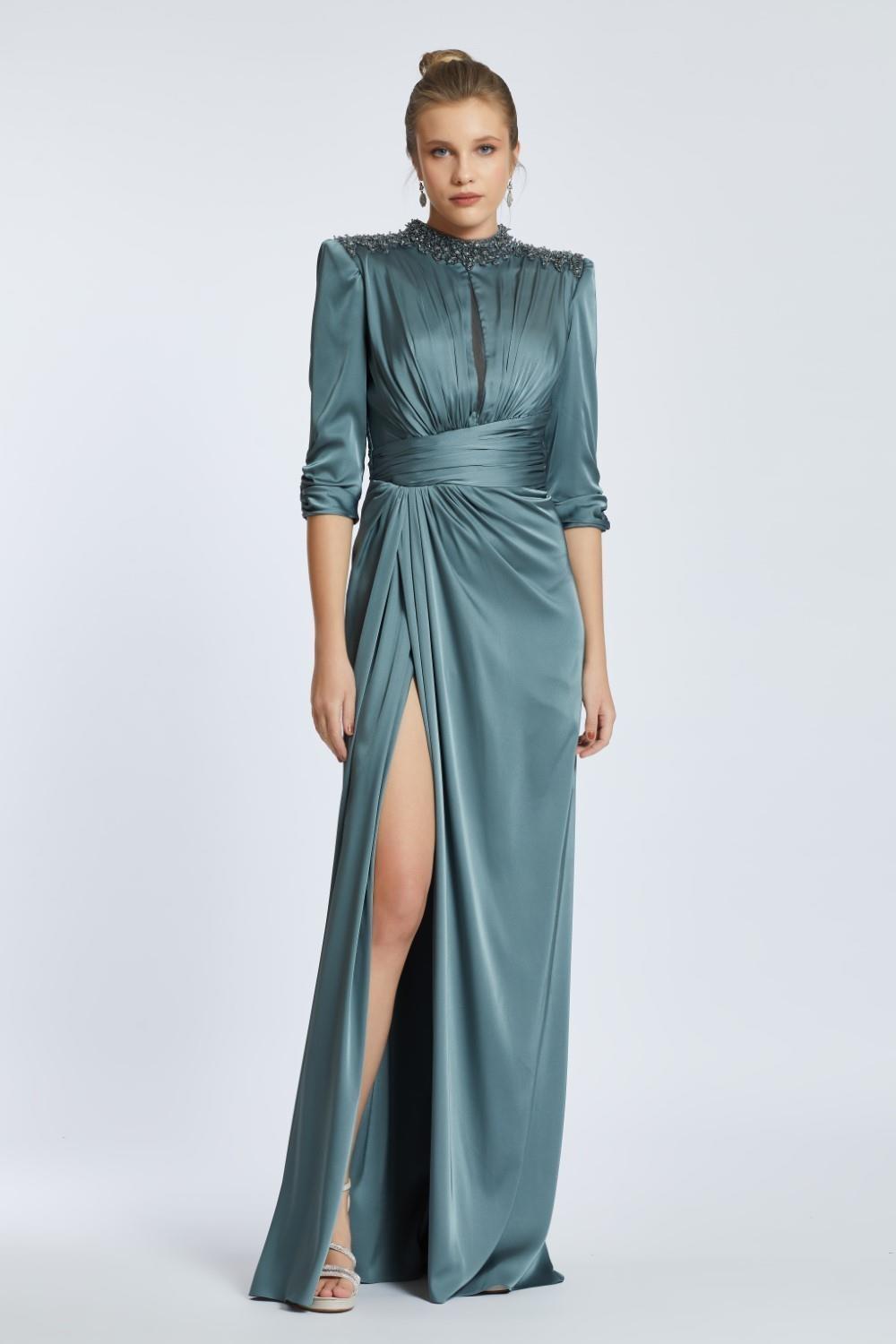 Straight Shoulder Slit Long Evening Dress