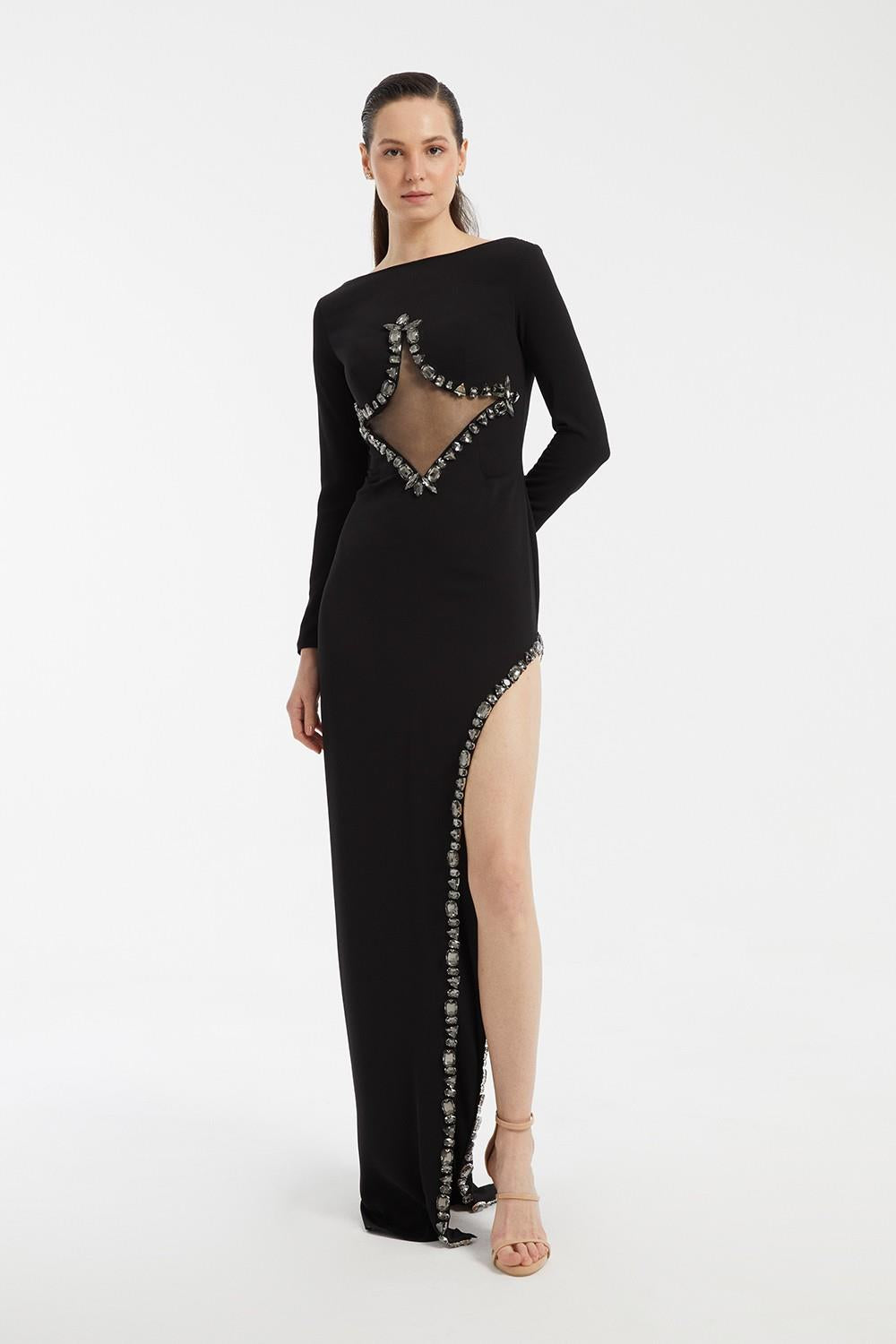 Bust Embroidery Detailed Long Sleeve Slit Long Evening Dress