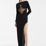 Bust Embroidery Detailed Long Sleeve Slit Long Evening Dress - 3005C