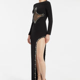 Bust Embroidery Detailed Long Sleeve Slit Long Evening Dress - 3005C