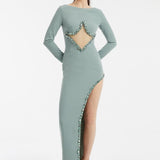 Bust Embroidery Detailed Long Sleeve Slit Long Evening Dress - 3005C