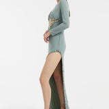 Bust Embroidery Detailed Long Sleeve Slit Long Evening Dress