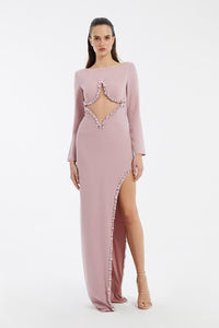 Bust Embroidery Detailed Long Sleeve Slit Long Evening Dress
