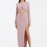 Bust Embroidery Detailed Long Sleeve Slit Long Evening Dress - 3005C