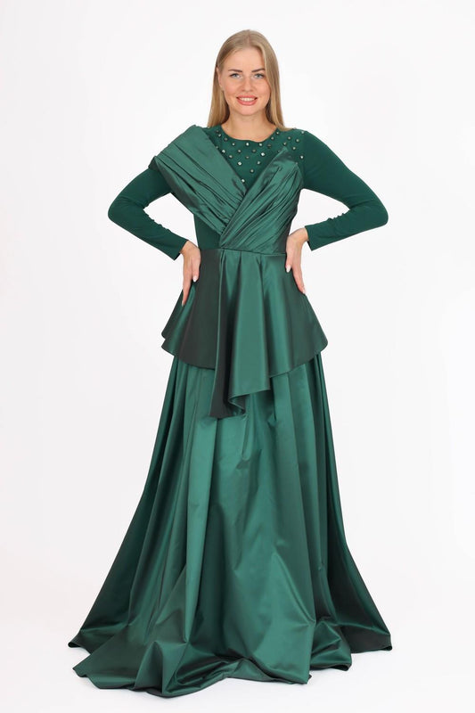 Embroidered Zero Neck Long Sleeve Veiling Dress - 8001C