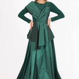 Embroidered Zero Neck Long Sleeve Veiling Dress - 8001C