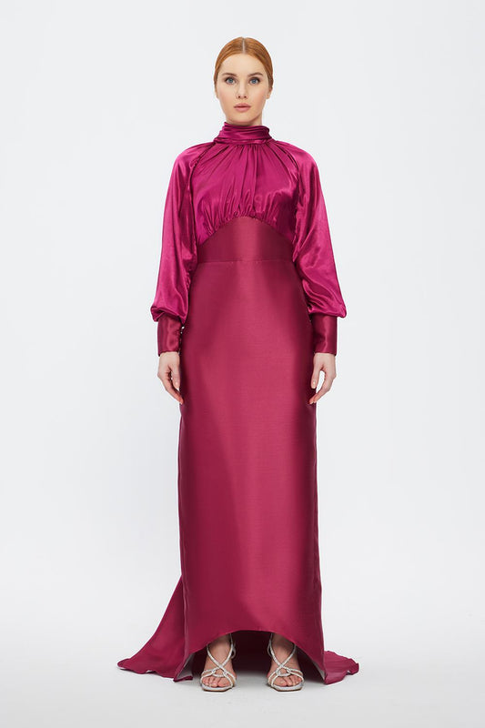 Long Sleeve Satin Hijab Evening Dress