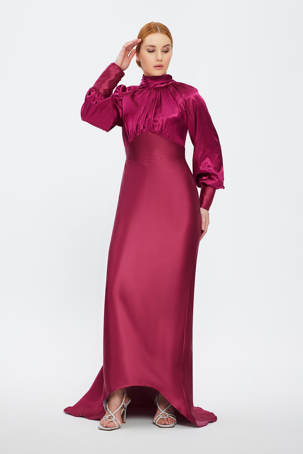 Long Sleeve Satin Hijab Evening Dress