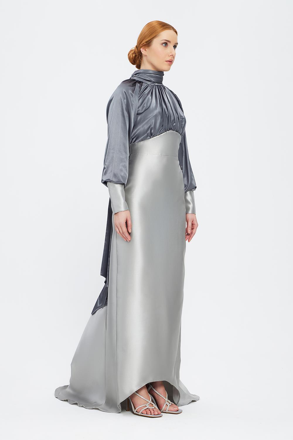 Long Sleeve Satin Hijab Evening Dress