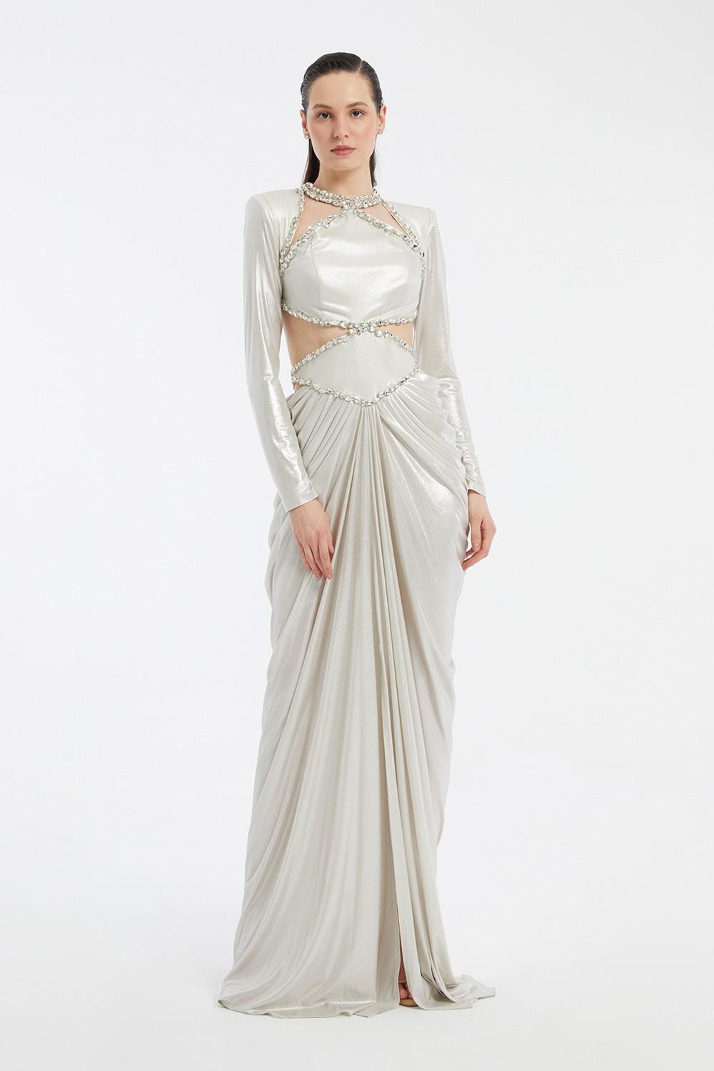Long Sleeve Bling Embroidered Draped Long Evening Dress