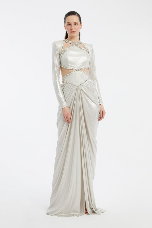 Long Sleeve Rhinestone Embroidered Draped Long Evening Dress