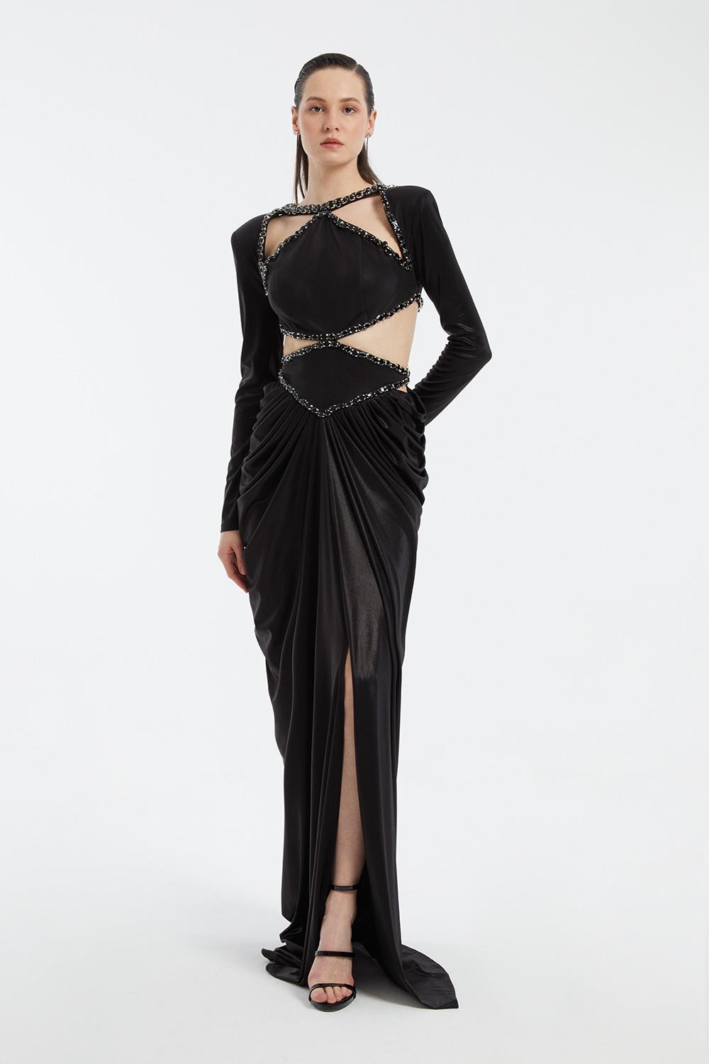 Long Sleeve Rhinestone Embroidered Draped Long Evening Dress - 3035C