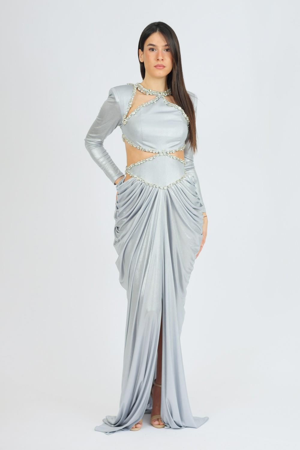 Long Sleeve Rhinestone Embroidered Draped Long Evening Dress - 3035C