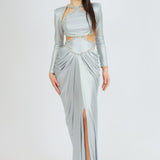 Long Sleeve Rhinestone Embroidered Draped Long Evening Dress