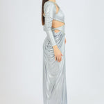 Long Sleeve Rhinestone Embroidered Draped Long Evening Dress