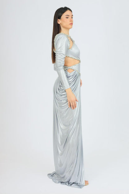 Long Sleeve Rhinestone Embroidered Draped Long Evening Dress - 3035C