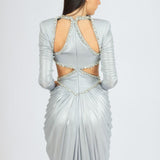 Long Sleeve Rhinestone Embroidered Draped Long Evening Dress